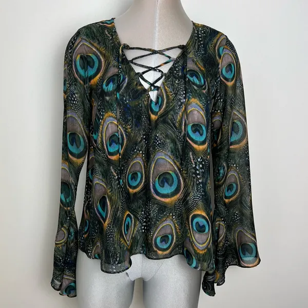 Show Me Your MuMu Zuko Lace Up Feather Top Blouse Size Small Bohemian Sheer - Image 5