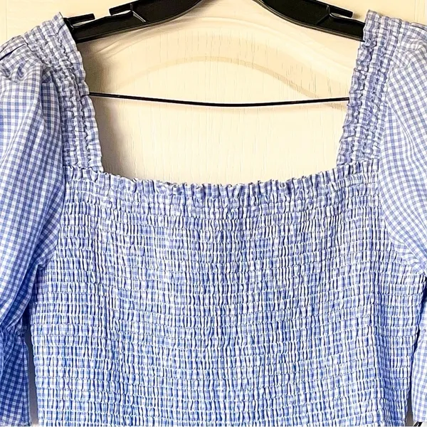 Damaris Bailey Azul Dress Smocked Puff Sleeve Midi Gingham Blue‎ Large NWT - Image 6