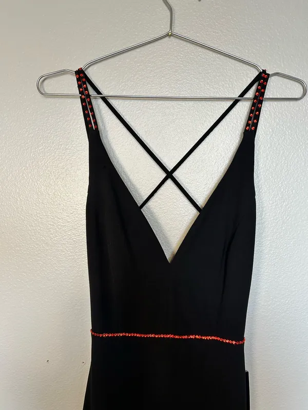 Lulu's Black V-Neck Evening Gown with Subtle Red Trim - Image 4