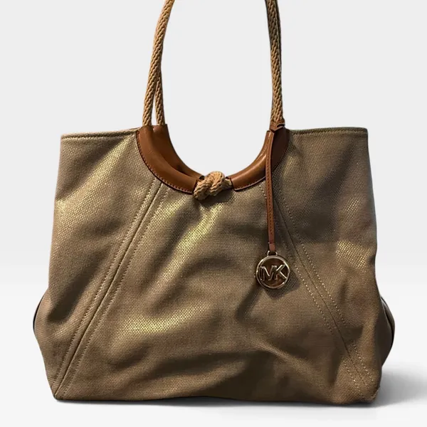 Michael Kors Metallic Canvas Tote Bag Tan Gold Braided Rope Handle Large - Image 2