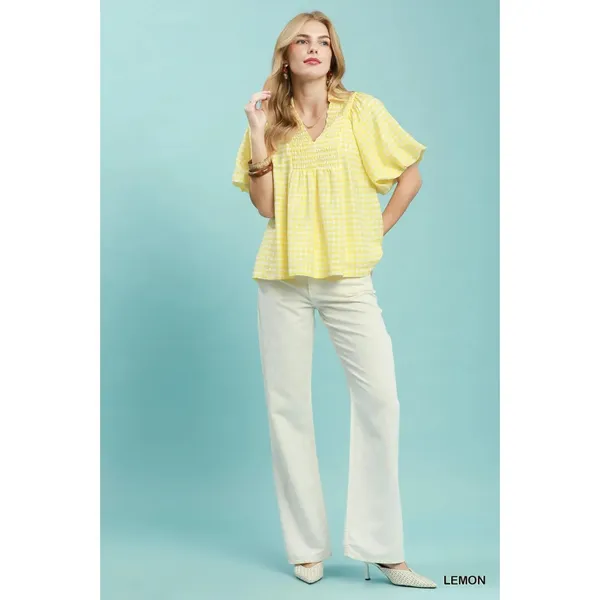 Umgee Smocked Yoke Puff Sleeve Gingham Blouse - Large - Lemon - Image 4