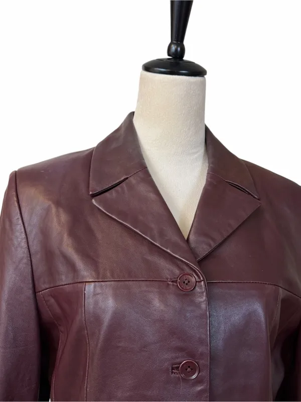 Cache Leather Jacket 10 Burgundy Fitted Button Front Y2K Retro Blazer Maroon - Image 8