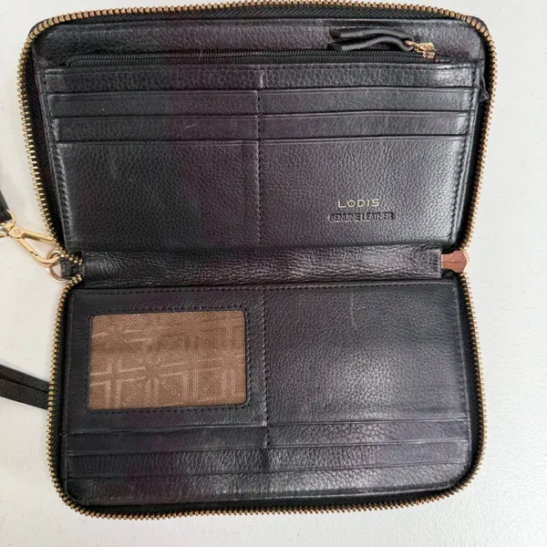Lodis Ellie Single Zip Wristlet Black Pebbled Leather RFID Gold Hardware Wallet - Image 8