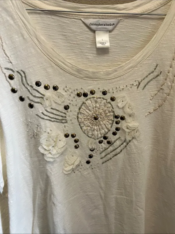 Christopher & Banks Cream Embroidered Scoop Neck Long Sleeve Top - Image 7