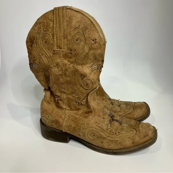 Roper‎ faith rhinestone mid calf boots tan cross bling women's size 6.5 western - Image 3