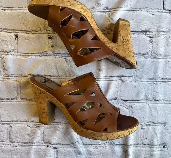 Sofft Brown Leather Cut Out Design Sandals Heels Cork Natural Size 11 Artsy Boho - Image 11