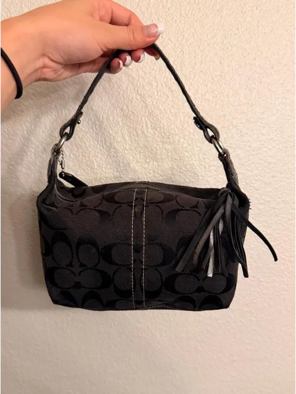 RARE Vintage Mini Shimmery Black Coach Canvas Purse with Tassel - Image 3