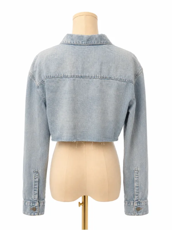 Theory Cropped Embroidered Lightweight Denim Shirt Light Wash Size Medium - Image 4