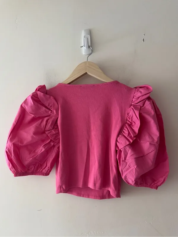 ZARA Hot Pink Puff Sleeve Square Neck Ribbed Crop Top - Image 5