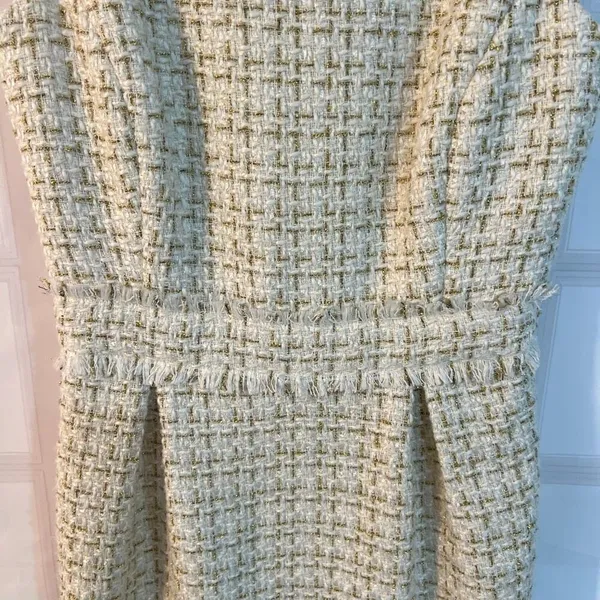 Badgley Mischka White Gold Tweed Boat Neck Cap Sleeve Sheath Dress Size 0 - Image 4