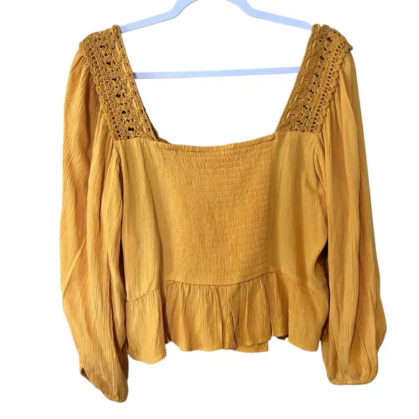American Eagle NWT Blouse Top Crochet Gauze SZ LG Long Sleeves Mustard Smocking - Image 7
