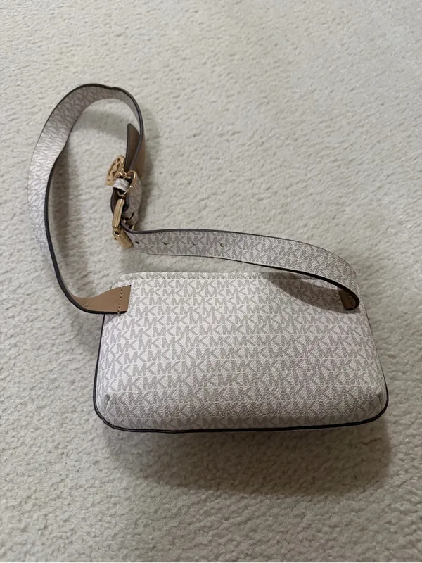 Michael Kors White and Brown Logo Stripe Crossbody Bag - Image 4