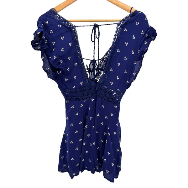 Free People Morning Sun Romper Lace Trim Tie Front Ruffle Boho Festival Size M - Image 7