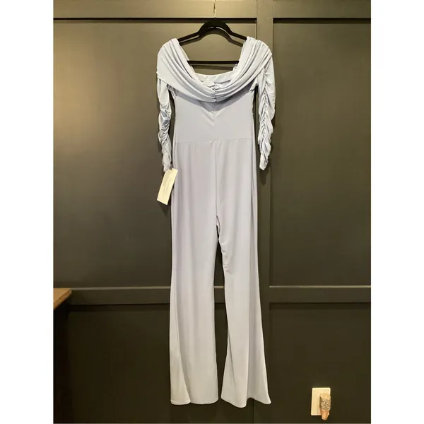 Club L London COUNT DOWN Powder Blue Maternity Ruched Mesh Bardot Jumpsuit 6 NWT - Image 4