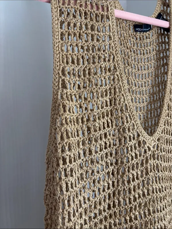 Moda International Open Crochet Knit Tunic Cover up in Metallic Tan Size L - Image 3