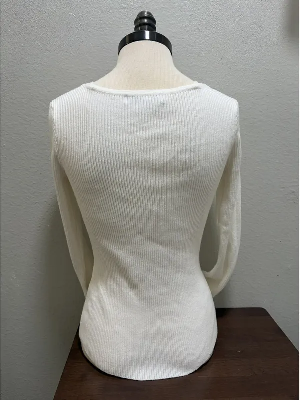 Sweet Rain Women’s White Lace Trim Henley Long Sleeve Top M - Image 3