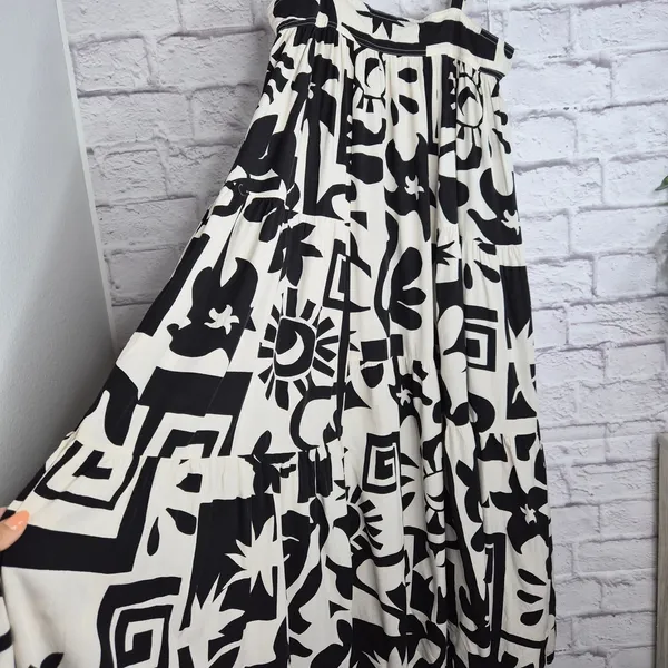 Abel The Label Tiered Maxi Dress Small Black White Abstract Boho Anthropologie - Image 3