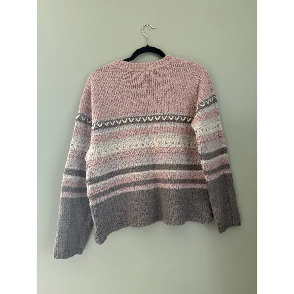 Van Heusen VTG Women's Pink Gray White Striped Knit V-Neck Pullover Sweater M - Image 4