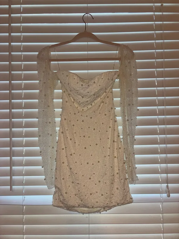 Oh Polly Mini Dress Embellished Long Sleeve White - Image 3