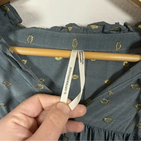 By Anthropologie Women’s Ruffled Peasant Blouse in Blue/Gold Metallic M - Image 13