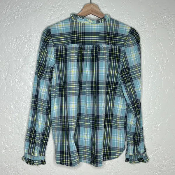 Loft Women's Green Plaid‎ Ruffle Neck Long Sleeve Cotton Shirt Size Medium - Image 3