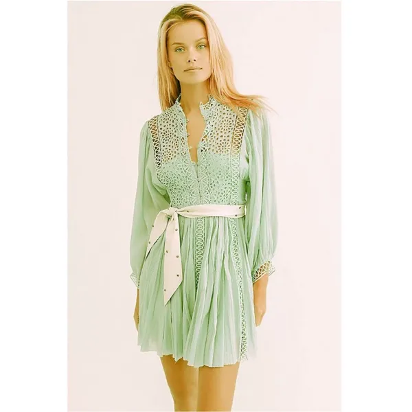 Free People One Karma Lace Mini Dress Light Green Cotton Gauze - Image 2