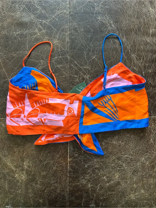 Farm Rio Mixed Rainbow Toucans Crop Top Blue Orange Pink Tie-Front Bra Top - Image 11