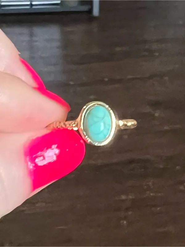 Women’s Stainless Steel Gold Tone Faux Turquoise Adjustable Ring Size 6-9 - Image 3