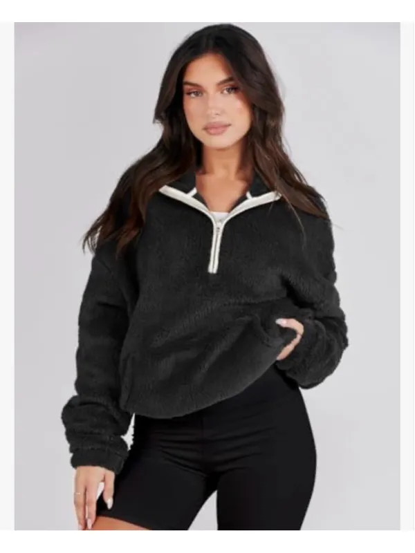 NEW Black Fleece Zip Up Hoodie Cropped Sweatshirt XL - Image 2