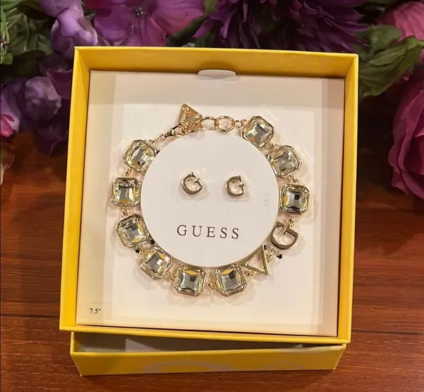 Guess Gold and Silver Sparkling Rhinestone Bracelet and G earrings Jewelry Set - Image 2