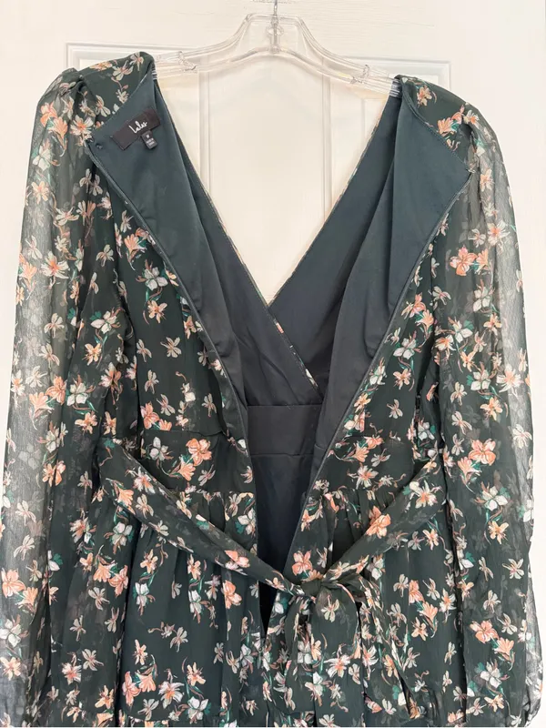 Lulu's Dark Cottagecore Green Floral Print Long Sheer Sleeves Mini Dress Medium - Image 8