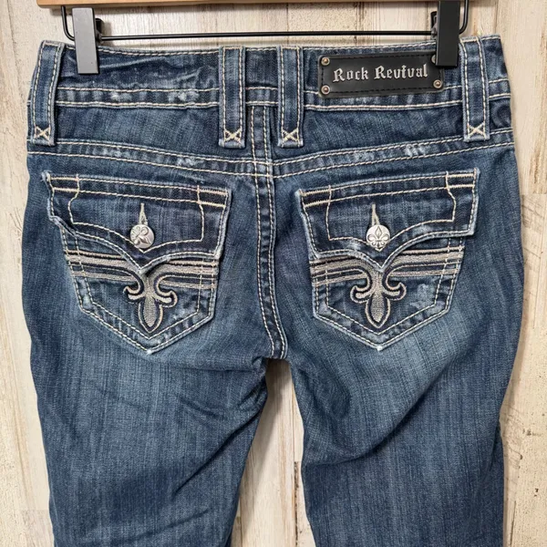 Rock Revival Tori Bootcut Dark Wash Distressed Button Pockets Jeans Womens‎ 26 - Image 2