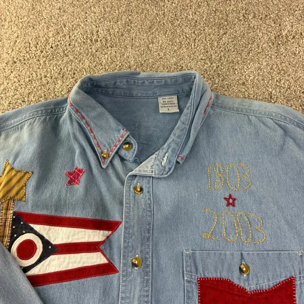 Ohio Bicentennial Denim Shirt Women L Blue Patchwork Americana Vintage Retro‎ - Image 4