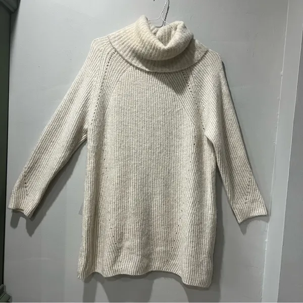Topshop Women's Turtleneck Sweater Cream Tan Fuzzy Stripe Long Oversized Sz 0/2‎ - Image 2