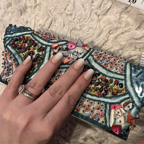 Hand Beaded Shell Clutch Purse Teal Blue Kiss Lock Evening Bag w/ Chain - Image 15