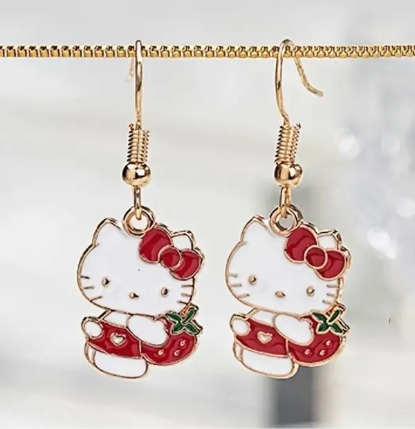 Adorable Red Strawberry Hello Kitty Dangle Earrings - - Image 4