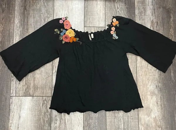 Moth for 3/4 Sleeve Black Wool Blend Blouse Floral Appliqué Detail - Image 11