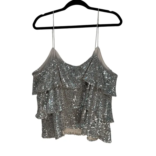 Express Silver Sequin Tiered Camisole V-Neck Spaghetti Strap Tank Top XL 02496 - Image 8