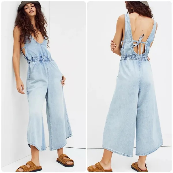 FREE PEOPLE Alora Denim Wide Leg Culotte Tieback Jumpsuit Light Wash Size XS - Image 3