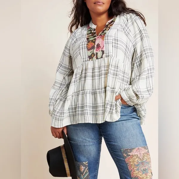 by Anthropologie Black/White Darlene Plaid Peasant Blouse - Image 2