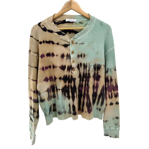 Daydreamer Revolve Tie Dye Waffle‎ Henley Top Size L Long Sleeve Cotton Thermal - Image 4
