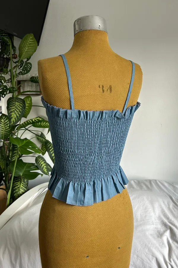 Spaghetti strap denim like cotton shirred tank top - Image 2