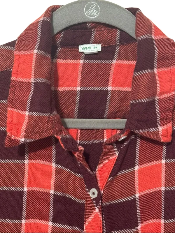 AERIE Plaid Flannel Pajama Shirt M 22.5” p2p Red/Burgundy - Image 3