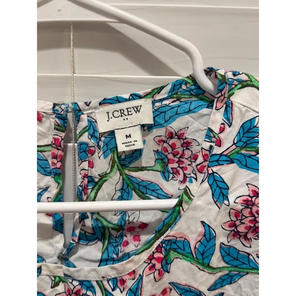 J.Crew Floral Puff Sleeve Top Womens Medium White Blue Pink Smocked Boho Blouse - Image 2