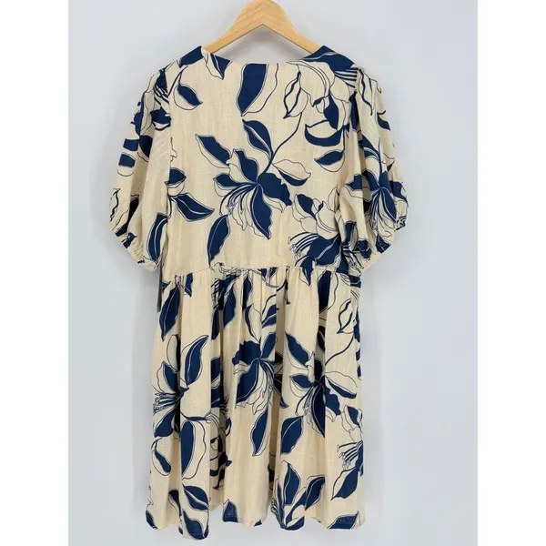 MSK Floral Linen Babydoll Midi Dress‎ Puff Sleeve Cottagecore Blue Medium NWT - Image 4