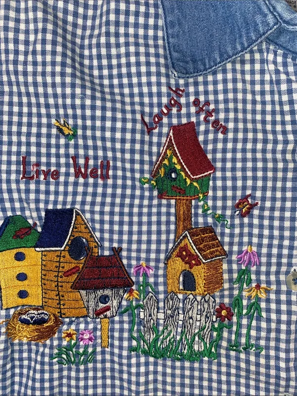 Quaker Factory Blue Gingham Button-Up Shirt with Embroidered Birdhouses - Image 3