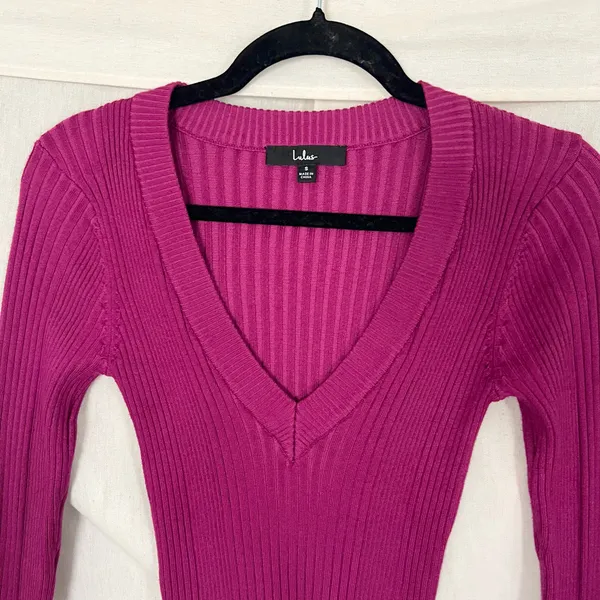 Lulus Chic Observations Purple Ribbed V-Neck Sweater Top - Image 6