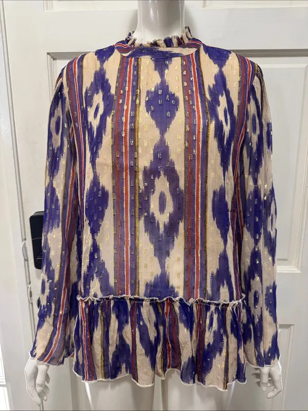 Oliphant Silk & Cotton Purple Ikat Ruffle Hem Long-Sleeve Top Size Large💜 - Image 2