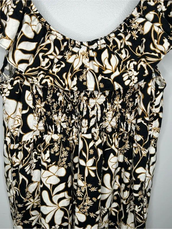 Ava & Viv Linen Blend Ruffle Top Black and Tan Floral Dress Size XXL - Image 7