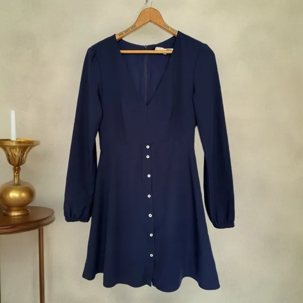HUTCH Designer Button Front Mini Dress Navy Long Sleeve V-Neck Womens Sz S 4 - Image 4